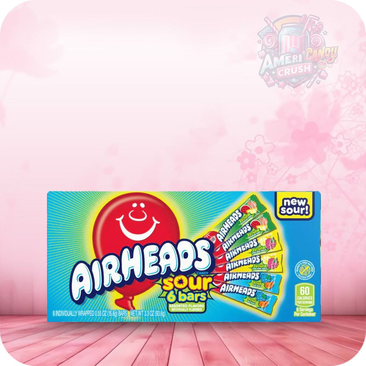 Airhead Sours Theatre Box 3.3oz with assorted sour flavors, including Sour Watermelon Punch, Blue Blast, and Lemon Berry Squeeze.