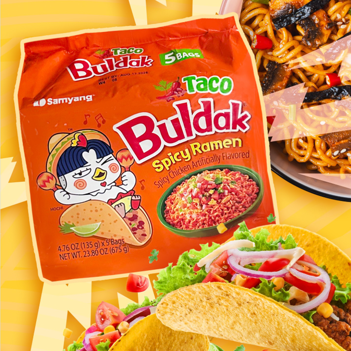 Samyang Taco Buldak Spicy Ramen Noodles 4.76 oz 135g Spicy Chicken Flavor Artificially Flavored Perfect for Spicy Ramen Lovers