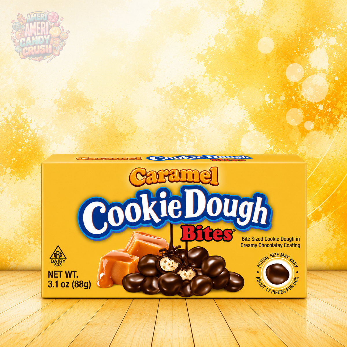 Cookie Dough Bites Caramel 88g 3.1oz American candy theatre box featuring chewy caramel cookie dough bites with chocolate-flavoured coating