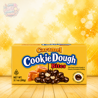 Cookie Dough Bites Caramel 88g 3.1oz American candy theatre box featuring chewy caramel cookie dough bites with chocolate-flavoured coating