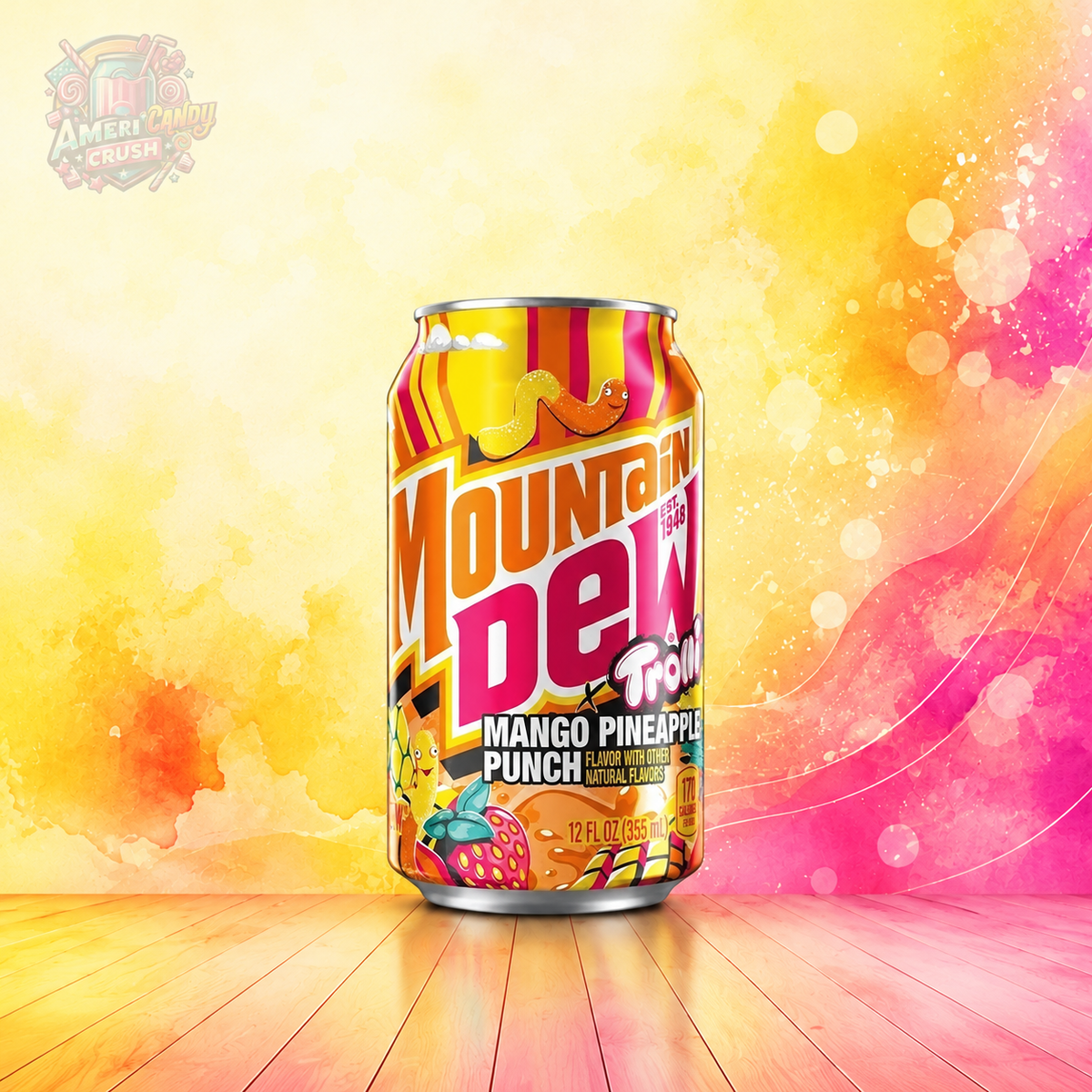 Mountain Dew Trolli Mango Pineapple Punch 355ml 12oz limited edition American soda can with tropical mango, pineapple and strawberry flavour