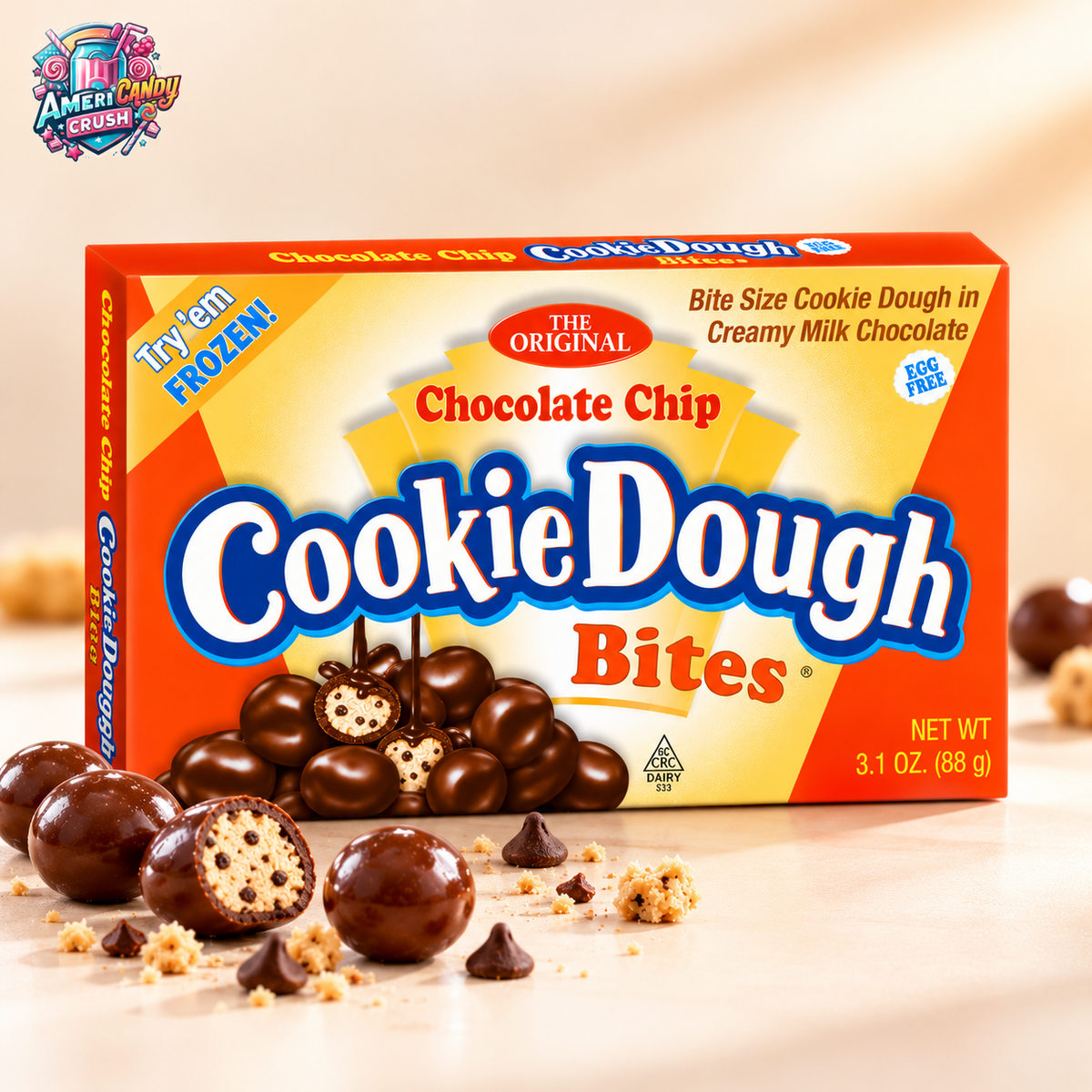 Cookie Dough Bites The Original Chocolate Chip 88g (3.1oz) American candy theatre box with milk chocolate coated cookie dough bites