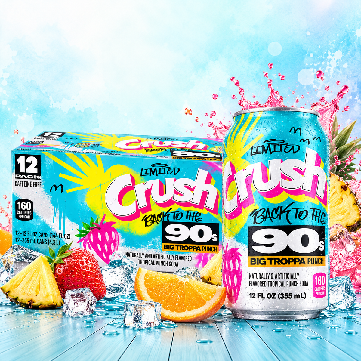 Crush Back to the 90s Big Troppa Punch 355ml limited edition American tropical fruit punch soda can with colourful retro 90s packaging 1