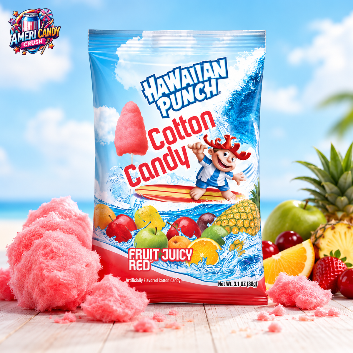 Hawaiian Punch Fruit Juicy Red Cotton Candy 88g 3.1oz bag of American fruit punch flavoured candy floss available to buy online in the UK