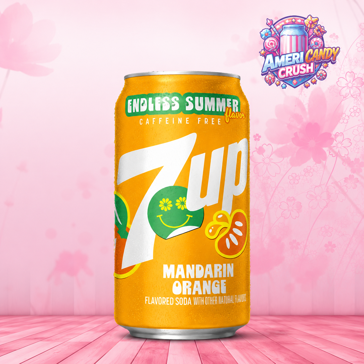 A 7up Endless Summer Mandarin Orange canned soda, featuring its signature yellow-orange color with green and white graphics, set against a pink floral background with a 'Ameri Candy Crush' logo in the top right.