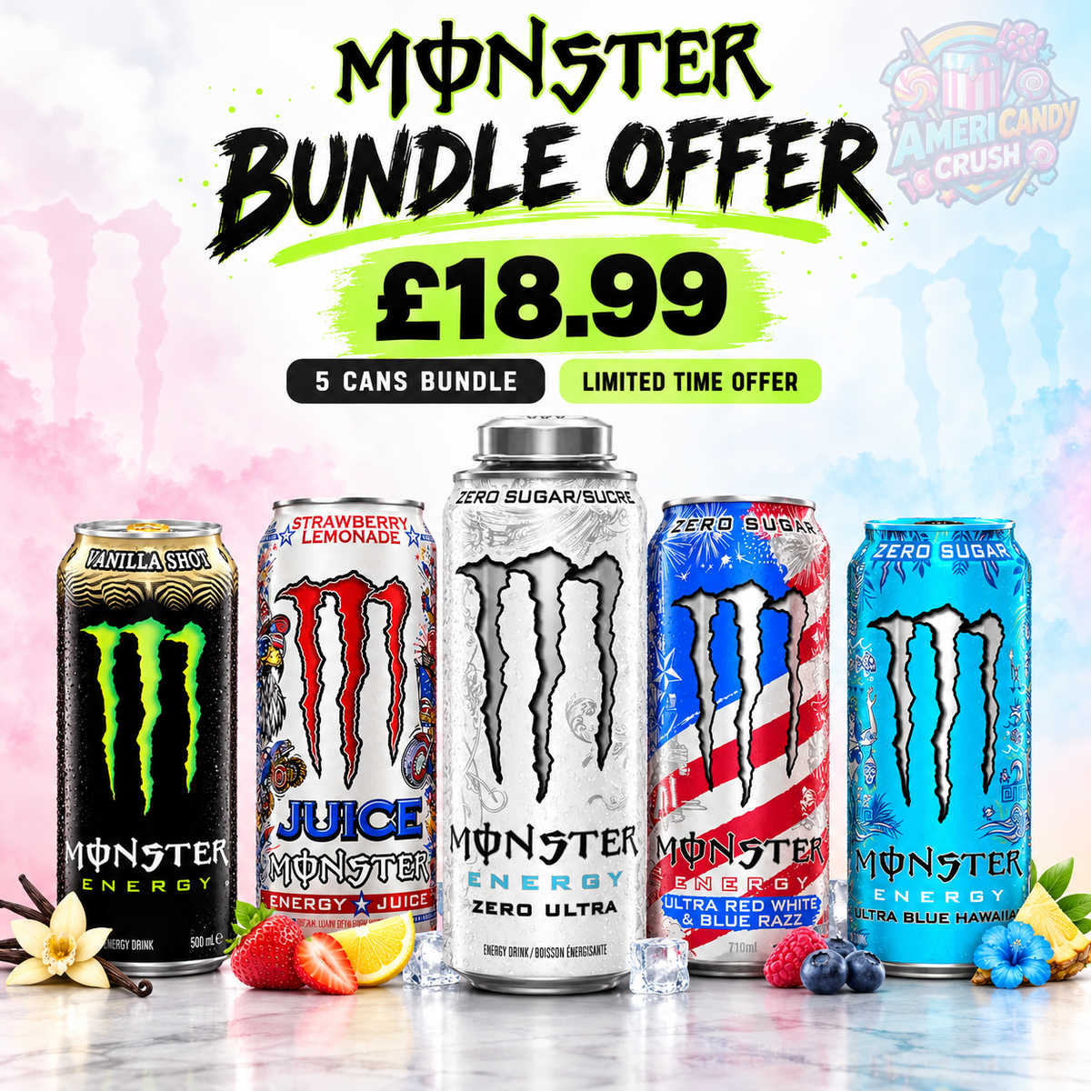 Monster Energy 5 Can Variety Bundle Version 2– Rare & Imported Flavours Americandy