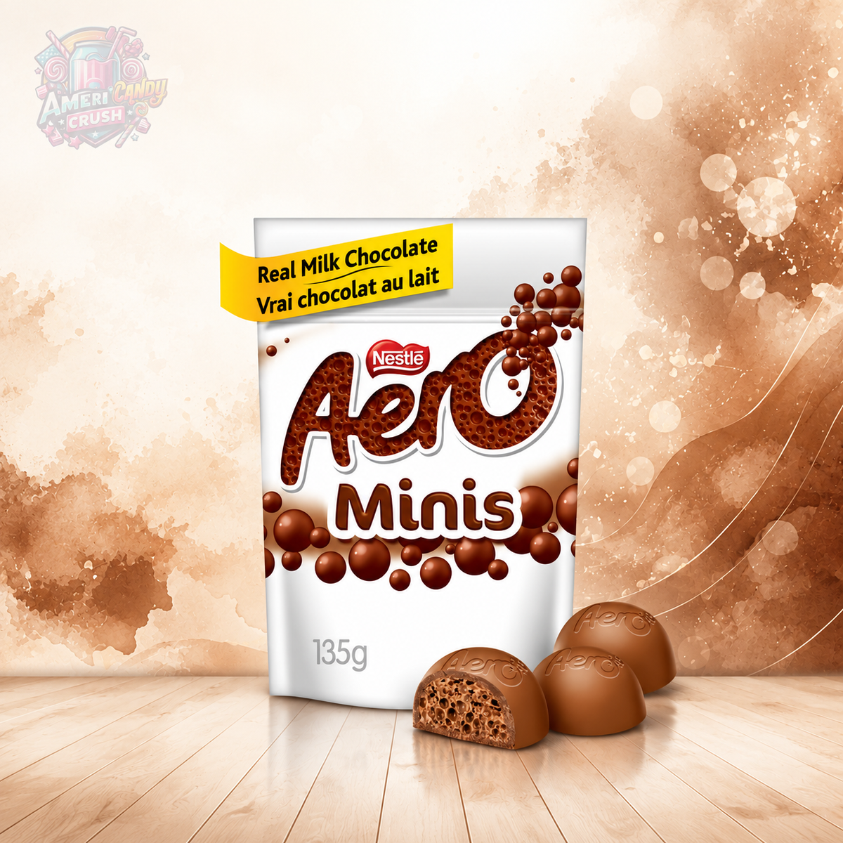 Nestlé Aero Milk Chocolate Minis 135g sharing bag featuring smooth bubbly aerated milk chocolate mini treats available online at American Candy Crush UK