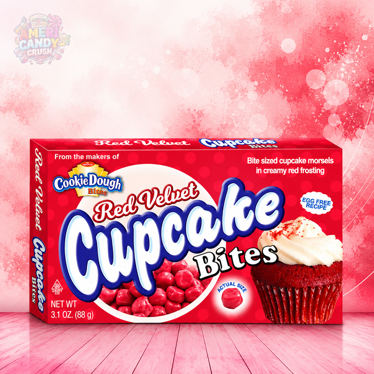 Red Velvet Cupcake Bites 88g (3.1oz) American candy theatre box featuring red velvet flavoured cupcake bites with creamy candy coating