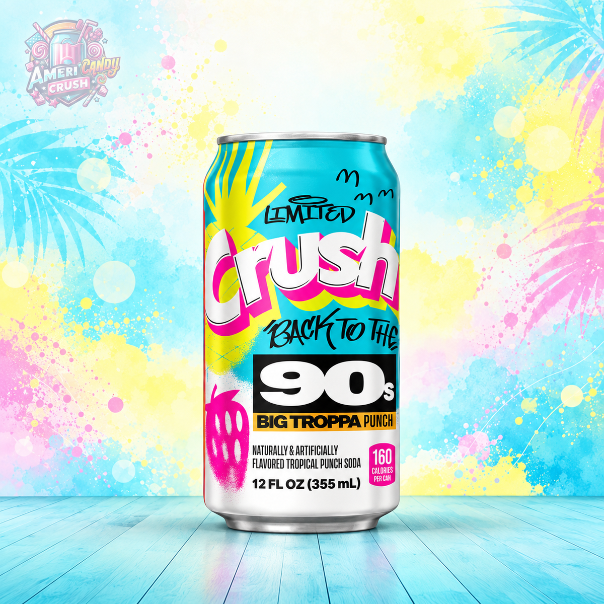 Crush Back to the 90s Big Troppa Punch 355ml limited edition American tropical fruit punch soda can with colourful retro 90s packaging