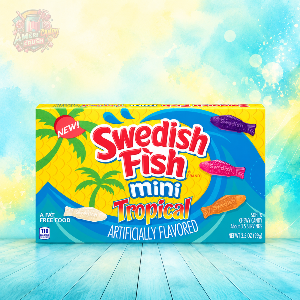 Swedish Fish Mini Tropical Theatre Box 99g American fruity gummy candy with tropical flavours available to buy online in the UK at Americandy Crush