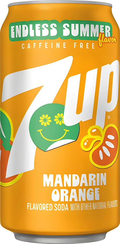 A 7up Endless Summer Caffeine Free Mandarin Orange flavored soda can, featuring the iconic orange background with a large white 7up logo, a green smiley face flower, and citrus graphics.